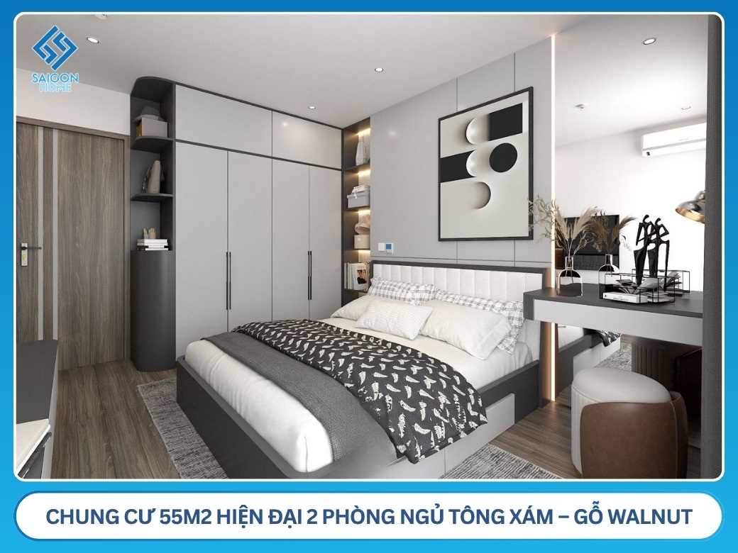 37+ mẫu thiết kế nội thất chung cư 55m2 hiện đại TỐI ƯU Chung cư 55m2 hiện đại 2 phòng ngủ tông xám – gỗ walnut