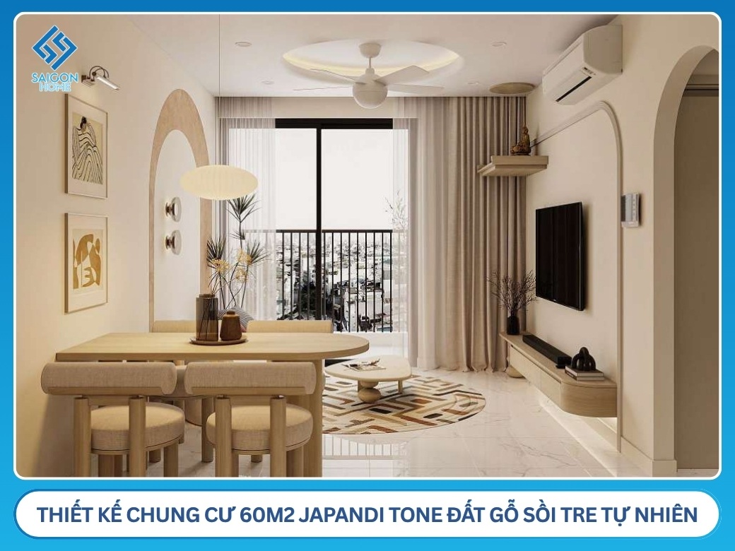 Mẫu thiết kế chung cư 60m2 Japandi tone đất gỗ sồi tre tự nhiên