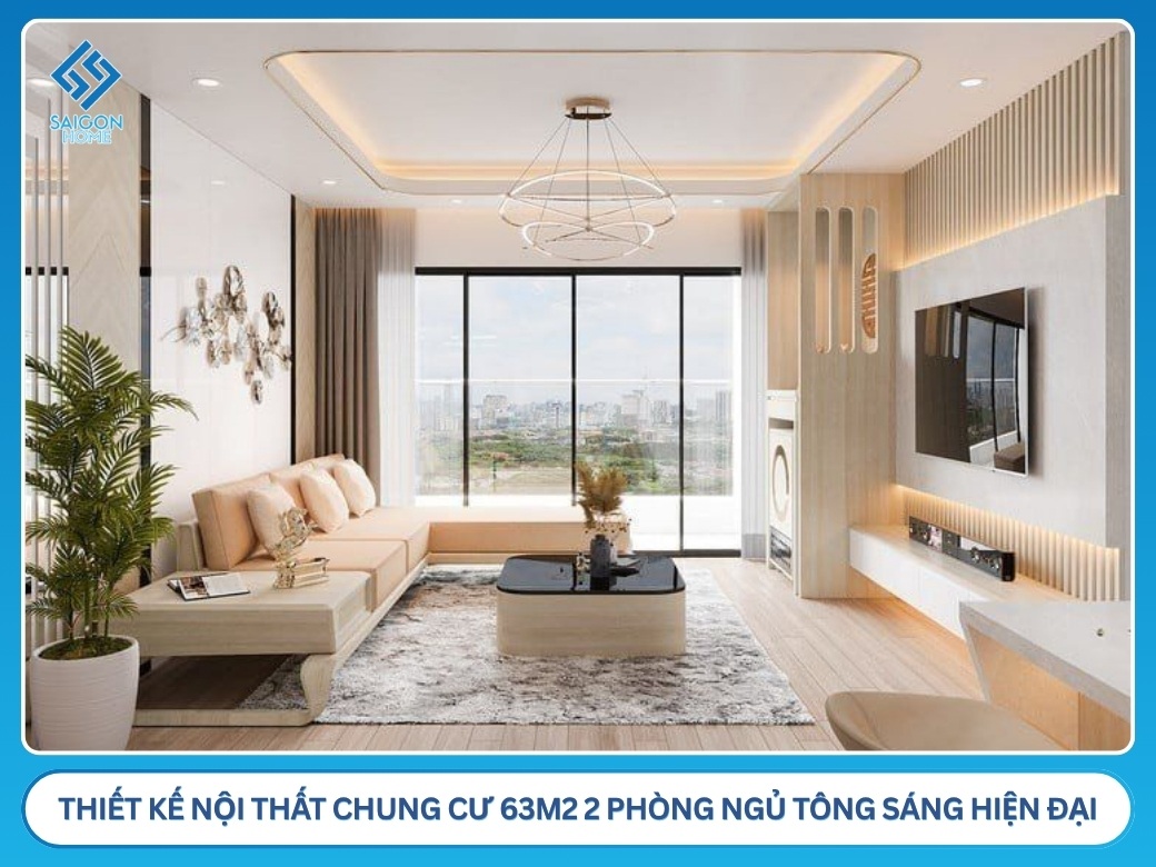 45+ mẫu thiết kế nội thất chung cư 63m2 đẹp TIỆN NGHI Thiết kế nội thất chung cư 63m2 2 phòng ngủ tông sáng hiện đại