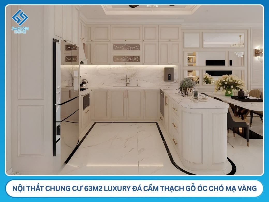 45+ mẫu thiết kế nội thất chung cư 63m2 đẹp TIỆN NGHI Nội thất chung cư 63m2 Luxury đá cẩm thạch gỗ óc chó mạ vàng