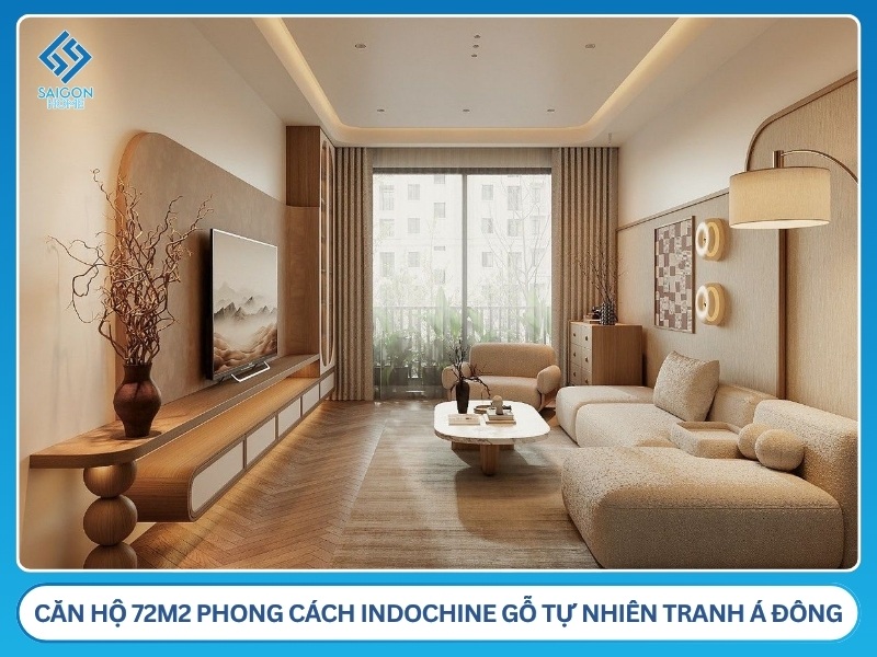 Nội thất căn hộ 72m2 phong cách Indochine gỗ tự nhiên tranh Á Đông