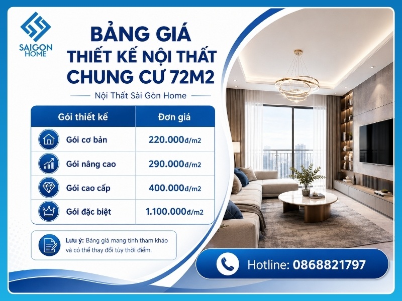 Bảng giá thiết kế nội thất chung cư 72m2