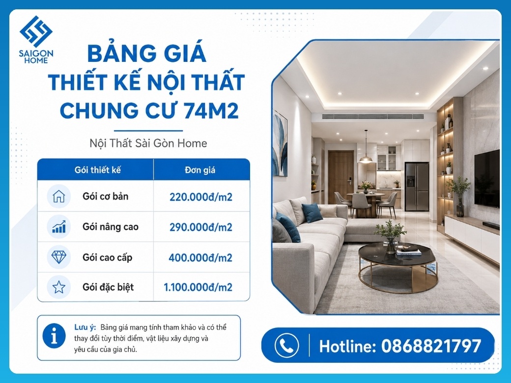 Bảng giá thiết kế nội thất chung cư 74m2