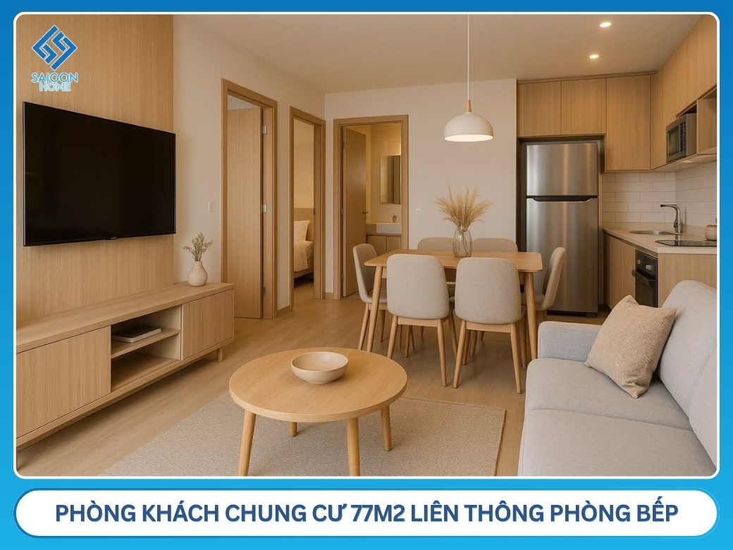45+ mẫu thiết kế nội thất chung cư 77m2 tiện nghi THẨM MỸ Phòng khách liên thông phòng bếp