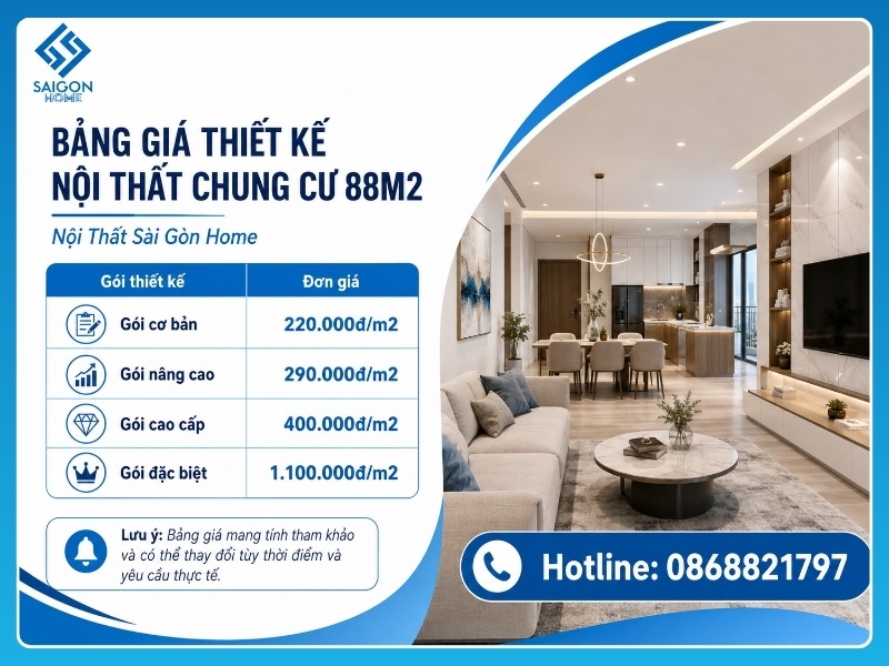 Bảng giá thiết kế nội thất chung cư 88m2 mới nhất