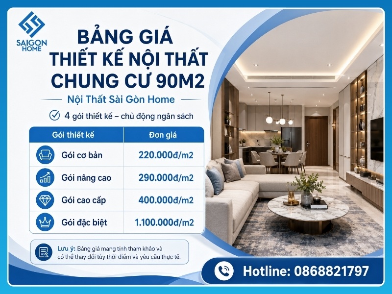 54+ mẫu thiết kế nội thất chung cư 90m2 ẤN TƯỢNG tiện nghi Bảng giá thiết kế nội thất chung cư 90m2