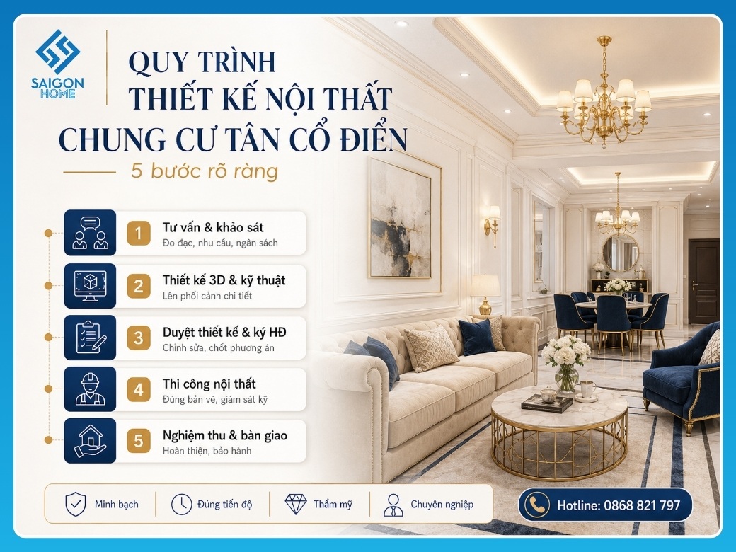 33+ mẫu thiết kế nội thất chung cư tân cổ điển SANG TRỌNG Quy trình thiết kế nội thất chung cư tân cổ điển tại Nội Thất Sài Gòn Home