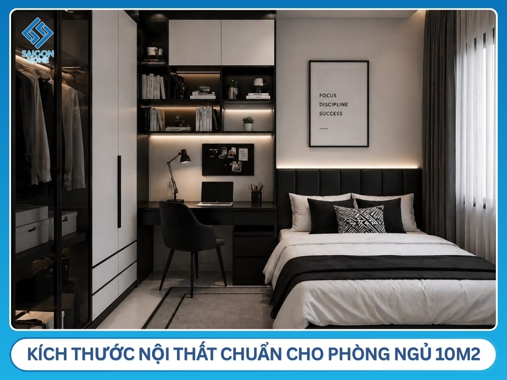 22+ mẫu thiết kế phòng ngủ 10m2 đẹp HIỆN ĐẠI năm 2026 Kích thước nội thất chuẩn cho phòng ngủ 10m2