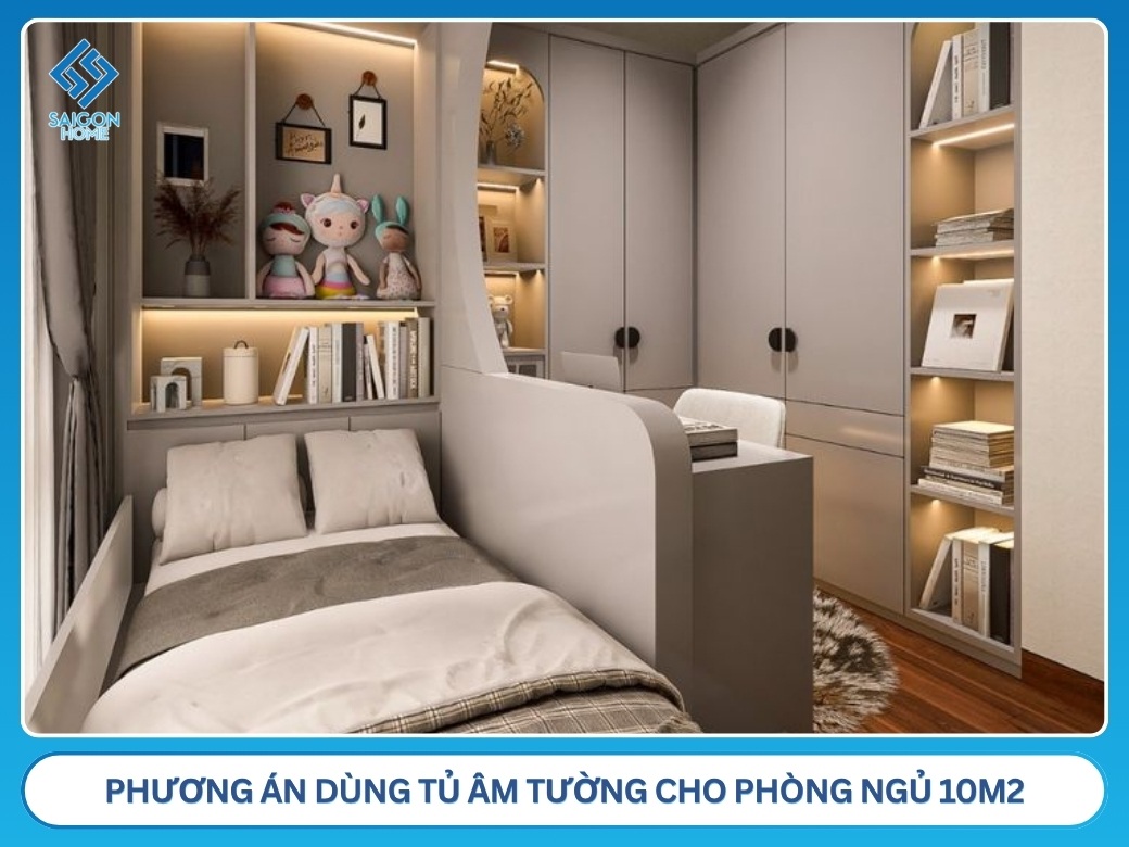 22+ mẫu thiết kế phòng ngủ 10m2 đẹp HIỆN ĐẠI năm 2026 Phương án dùng tủ âm tường tiết kiệm diện tích