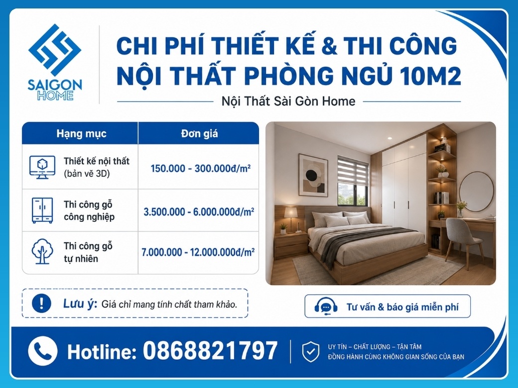 22+ mẫu thiết kế phòng ngủ 10m2 đẹp HIỆN ĐẠI năm 2026 Chi phí thiết kế và thi công nội thất phòng ngủ 10m2 tại Nội Thất Sài Gòn Home
