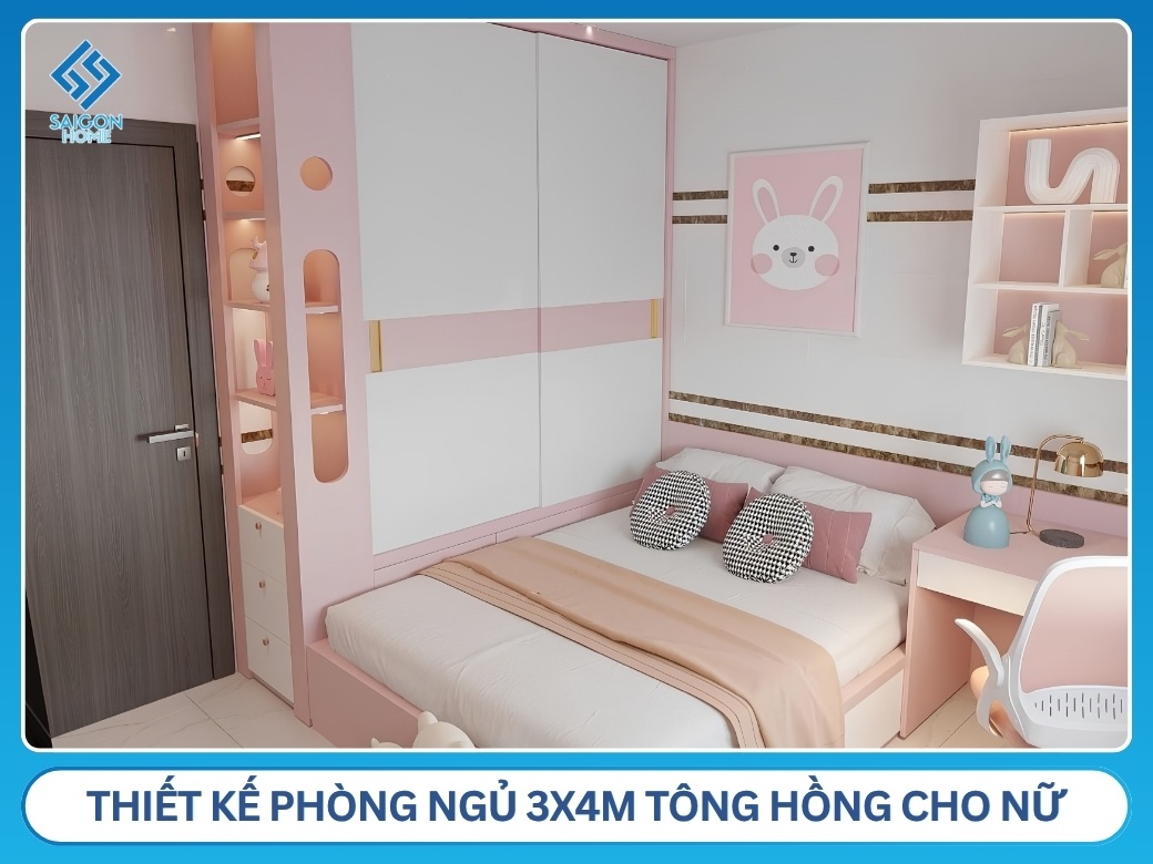 54+ mẫu thiết kế phòng ngủ 3x4m đẹp HIỆN ĐẠI tiện nghi Thiết kế phòng ngủ 3x4m tông hồng cho nữ