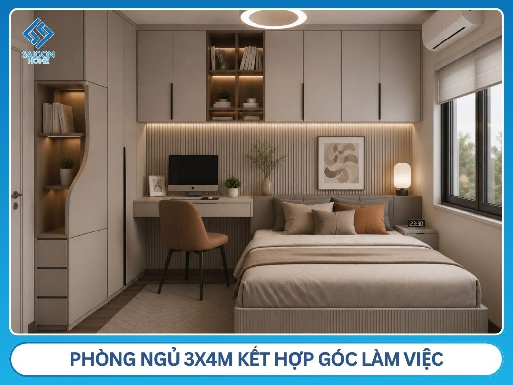 54+ mẫu thiết kế phòng ngủ 3x4m đẹp HIỆN ĐẠI tiện nghi Phòng ngủ 3x4m kết hợp góc làm việc