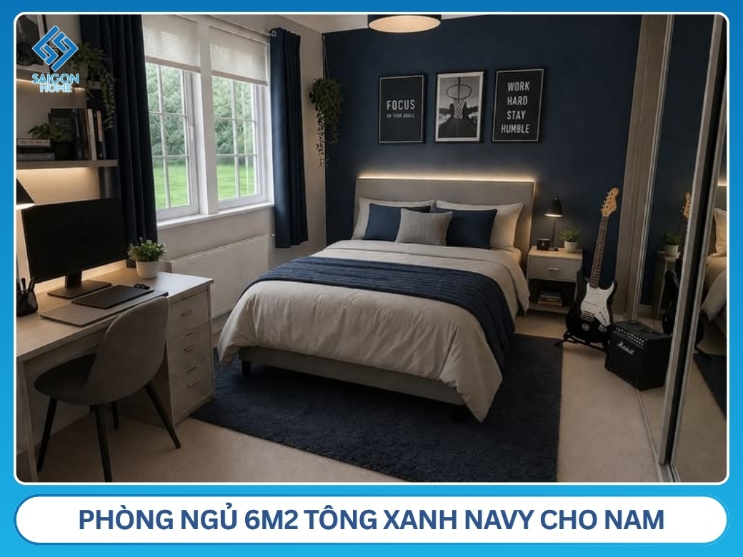 67+ mẫu thiết kế phòng ngủ 6m2 ĐẸP tối ưu diện tích Phòng ngủ 6m2 tông xanh navy cho nam