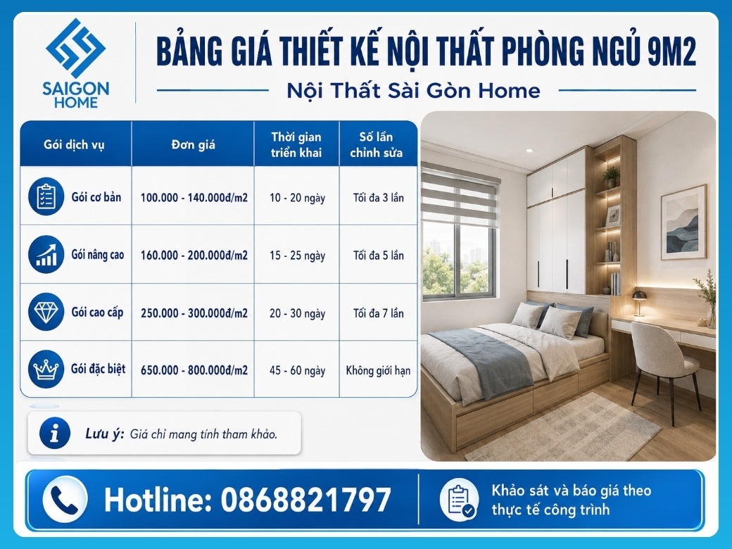 34+ mẫu thiết kế phòng ngủ 9m2 đẹp TỐI ƯU không gian Bảng giá thiết kế nội thất phòng ngủ 9m2 mới nhất