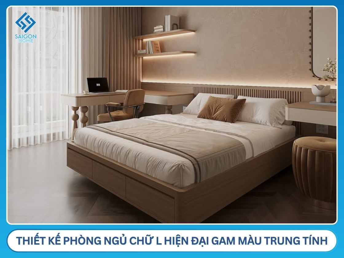 Thiết kế phòng ngủ chữ L hiện đại gam màu trung tính