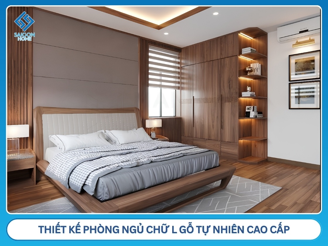 Thiết kế phòng ngủ chữ L gỗ tự nhiên cao cấp