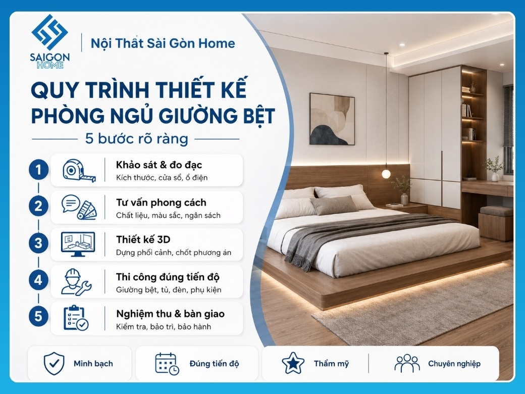 Quy trình 5 bước thiết kế phòng ngủ giường bệt chuyên nghiệp