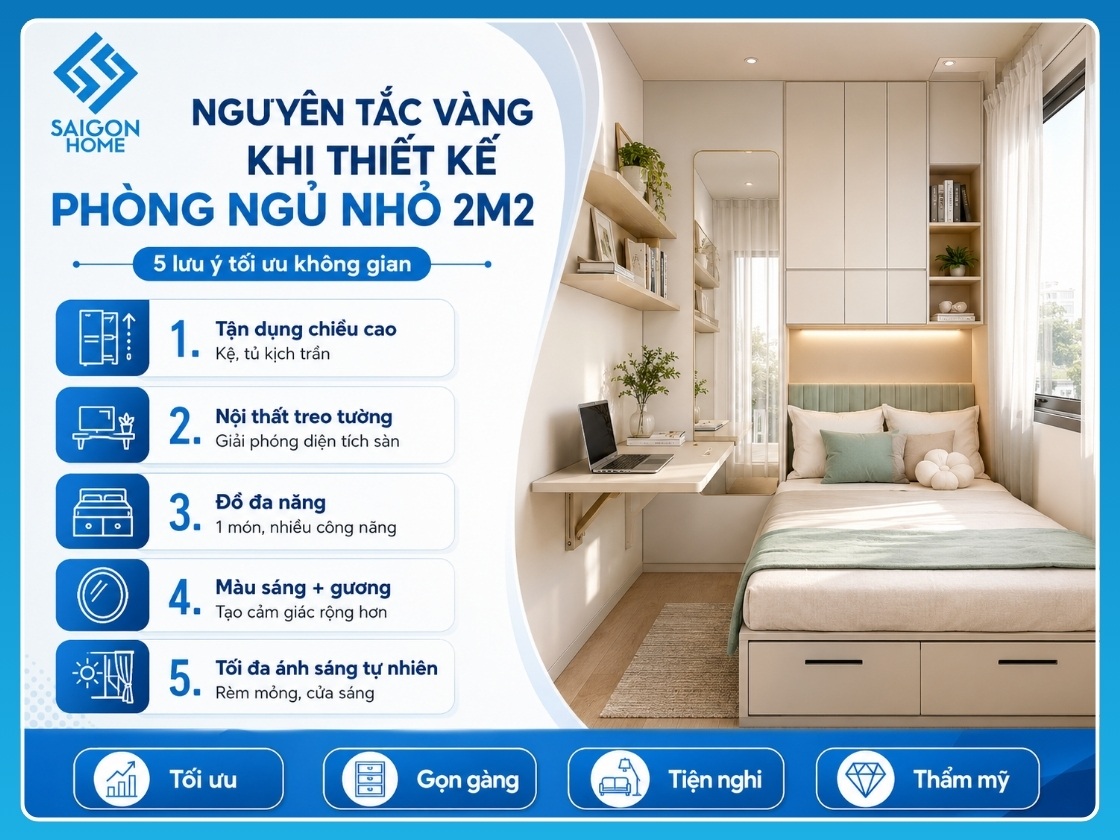 nguyên tắc vàng khi thiết kế phòng ngủ nhỏ 2m2