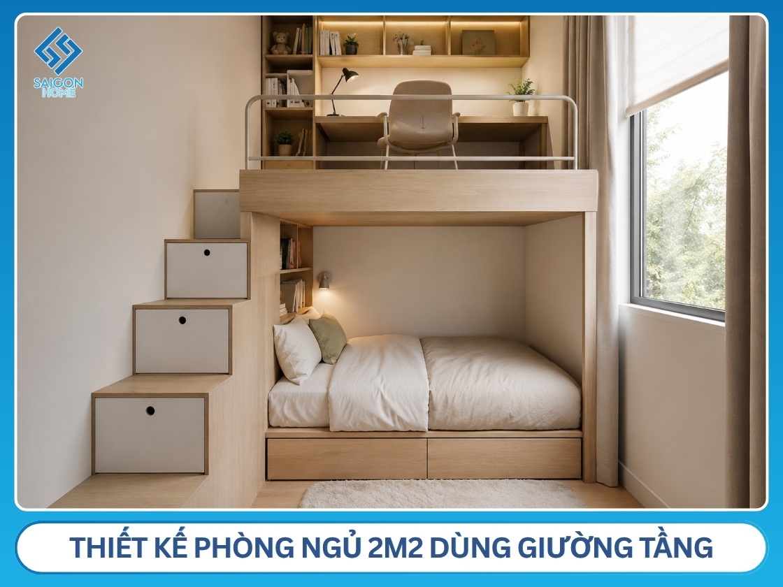 Thiết kế phòng ngủ 2m2 dùng giường tầng tiết kiệm diện tích