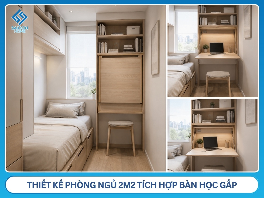 Thiết kế phòng ngủ 2m2 tích hợp bàn học gấp