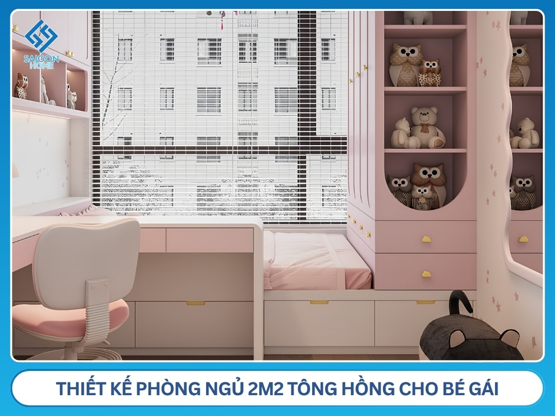 Thiết kế phòng ngủ 2m2 tông hồng cho bé gái