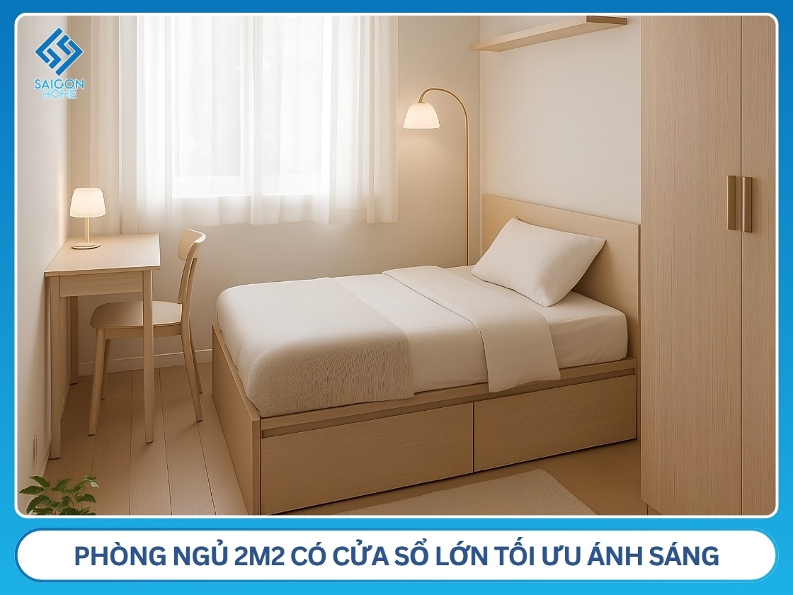 Phòng ngủ 2m2 có cửa sổ lớn tối ưu ánh sáng