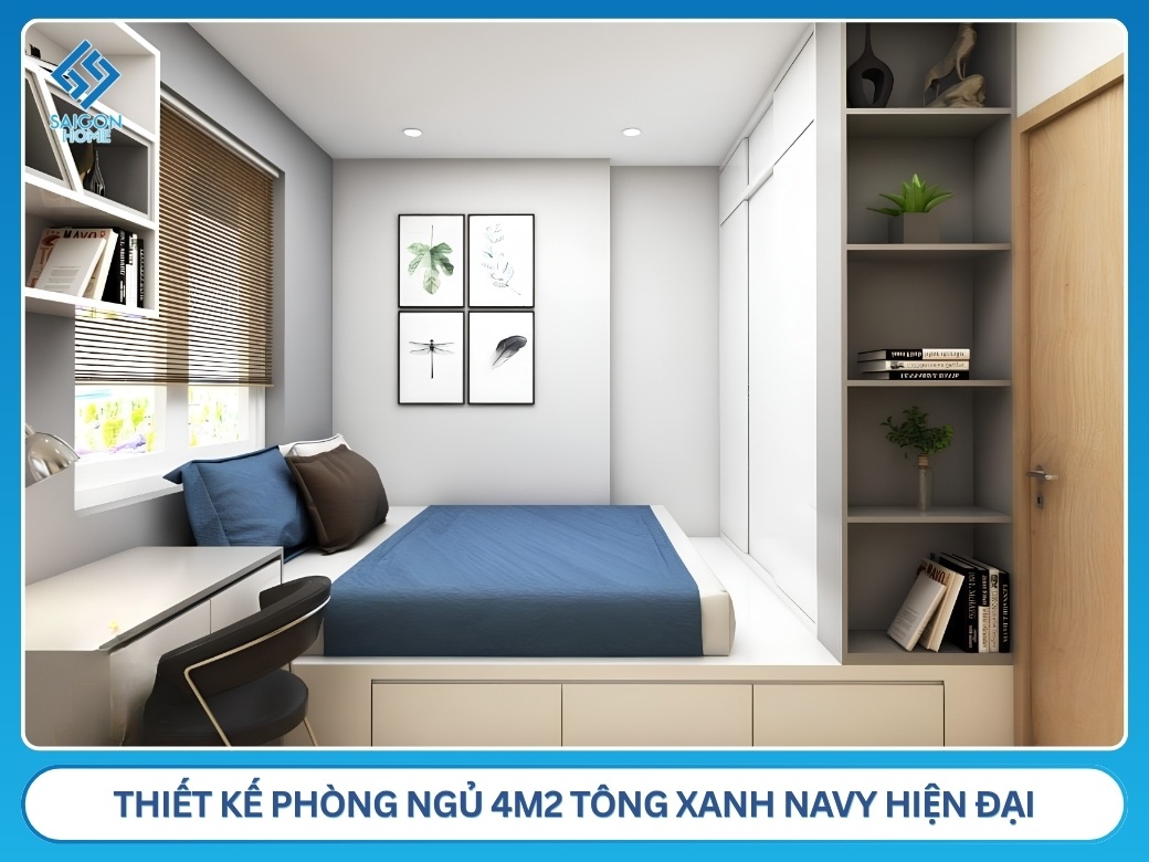 18+ ý tưởng thiết kế phòng ngủ nhỏ 4m2 TIỆN NGHI Thiết kế phòng ngủ 4m2 tông xanh navy hiện đại