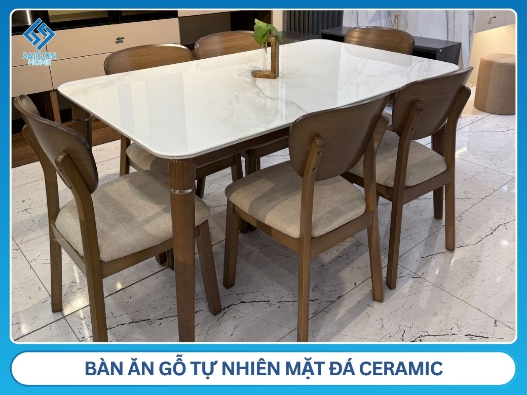 Bàn ăn gỗ tự nhiên mặt đá Ceramic