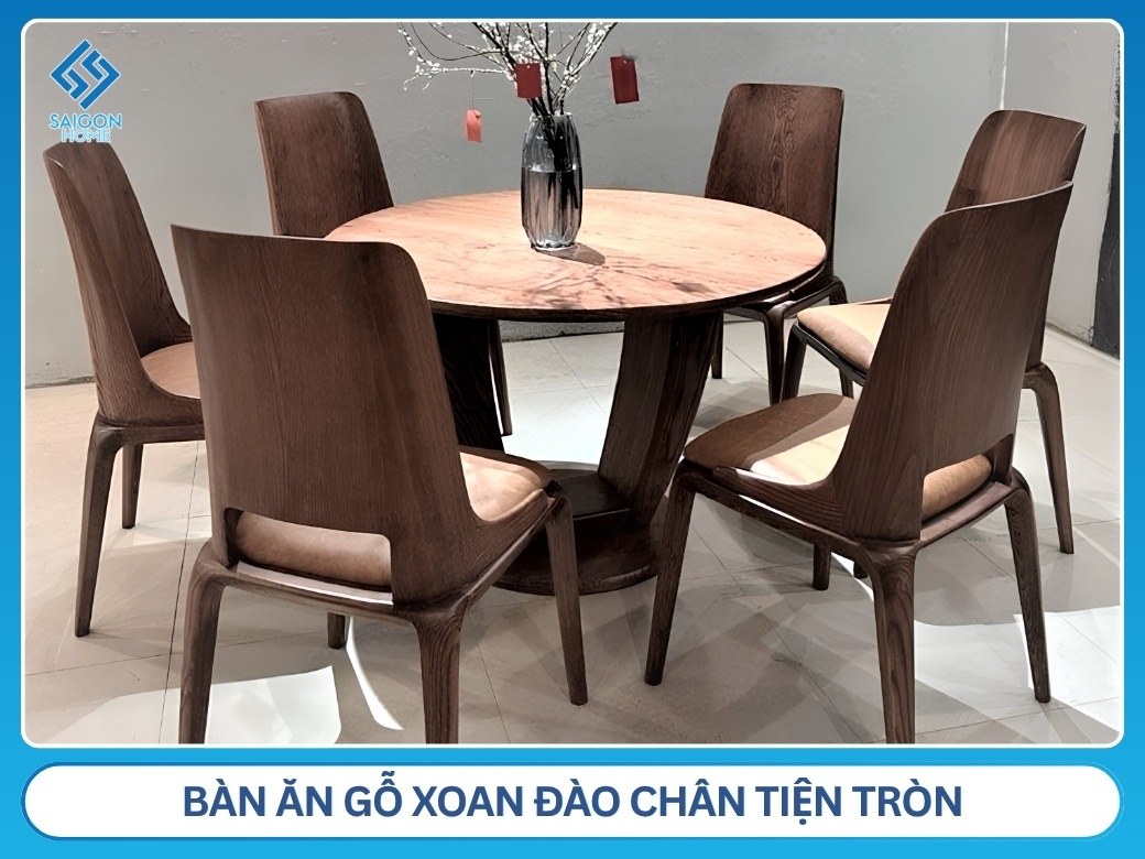 Bàn ăn gỗ xoan đào chân tiện tròn