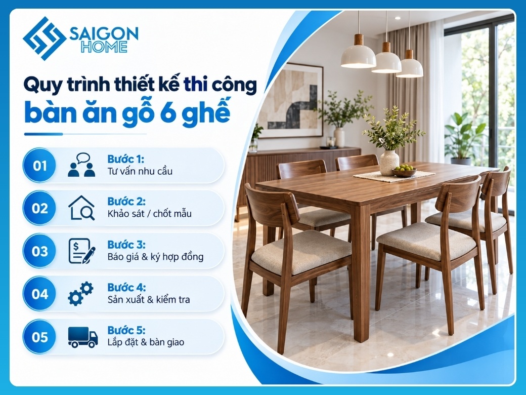 Quy trình thiết kế thi công bàn ăn gỗ 6 ghế theo yêu cầu