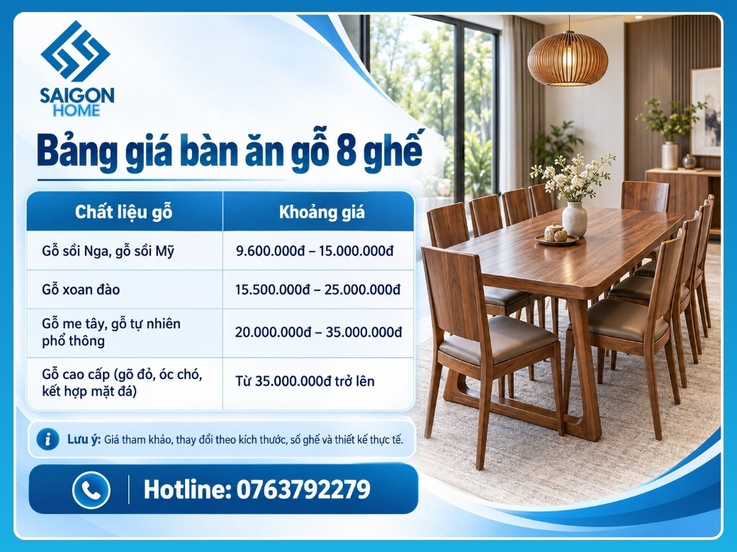 Bảng giá bàn ăn gỗ 8 ghế mới nhất