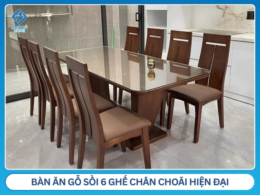 Bàn ăn gỗ sồi 6 ghế chân choãi hiện đại