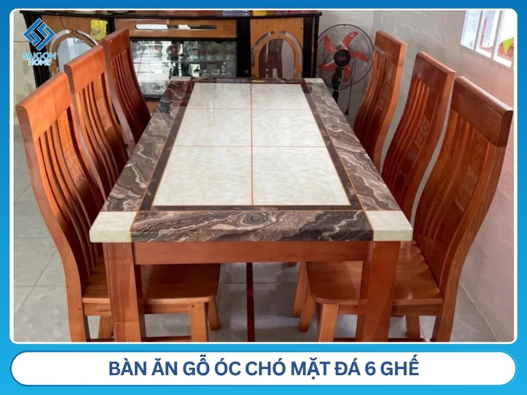 Bàn ăn gỗ óc chó mặt đá 6 ghế