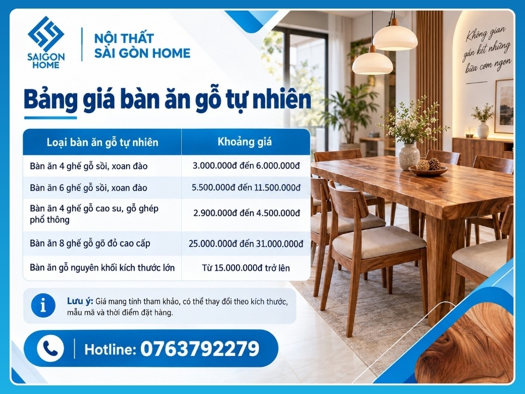 Bảng giá bàn ăn gỗ tự nhiên mới nhất