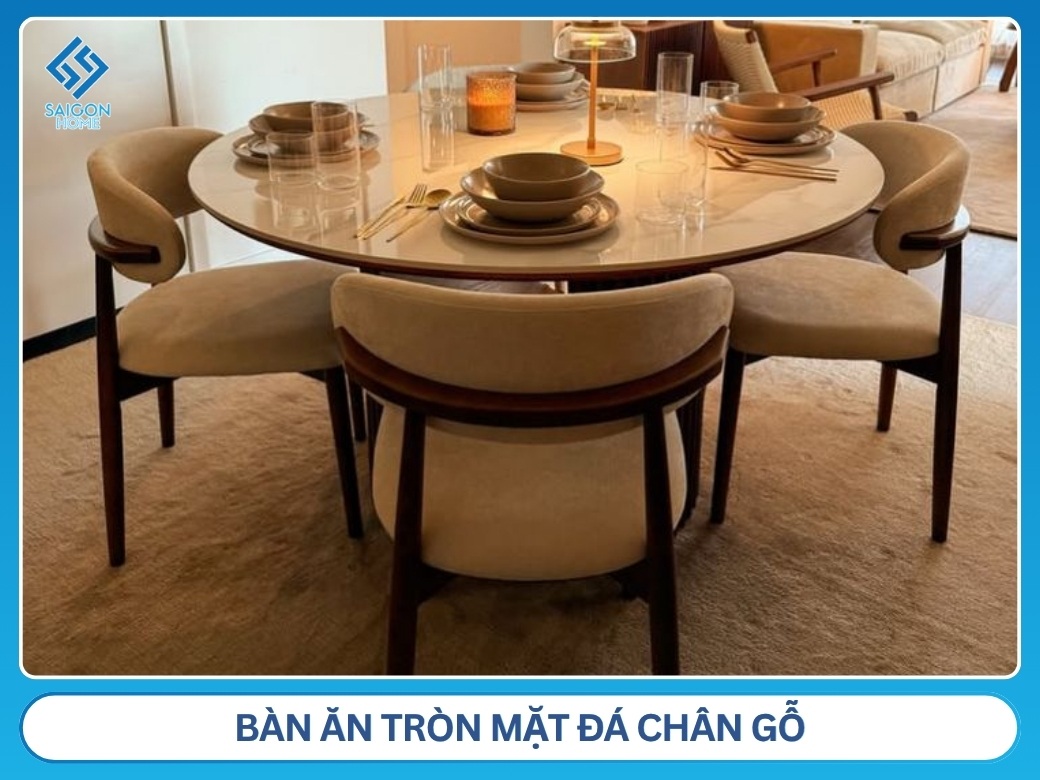 Bàn ăn tròn mặt đá chân gỗ