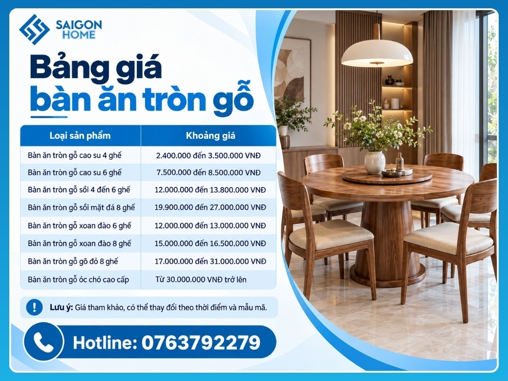 Bảng giá bàn ăn tròn gỗ tại Nội Thất Sài Gòn Home