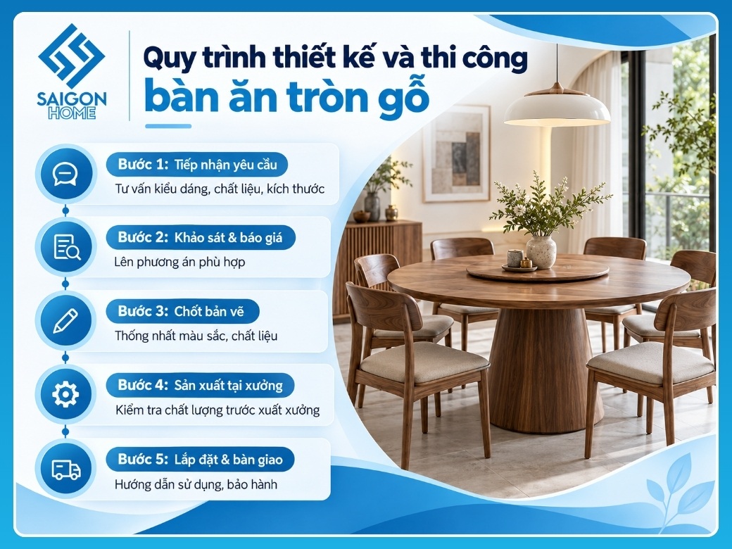 Quy trình 5 bước thiết kế và thi công bàn ăn tròn gỗ tại Nội Thất Sài Gòn Home