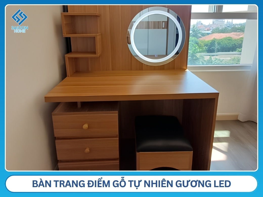 Bàn trang điểm gỗ tự nhiên gương LED