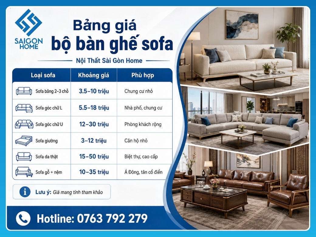 Bảng giá bộ bàn ghế sofa mới nhất