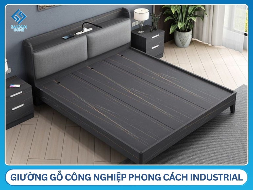Giường gỗ công nghiệp phong cách Industrial