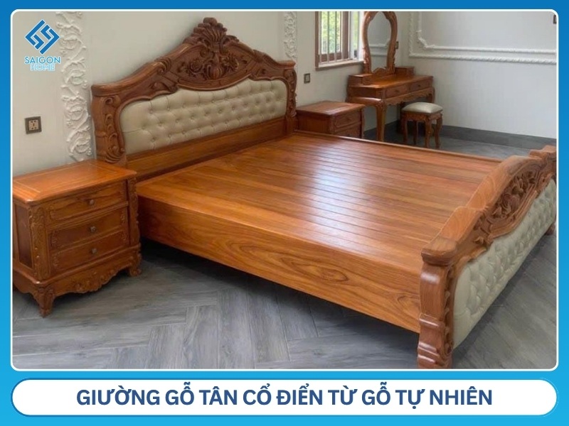 Giường gỗ tân cổ điển từ gỗ tự nhiên