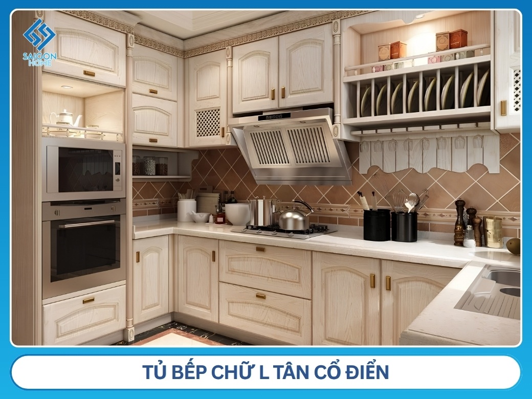 Tủ bếp chữ L tân cổ điển