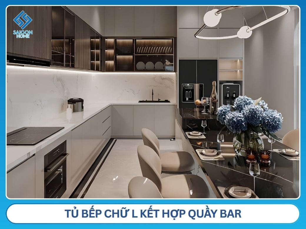 Tủ bếp chữ L kết hợp quầy bar