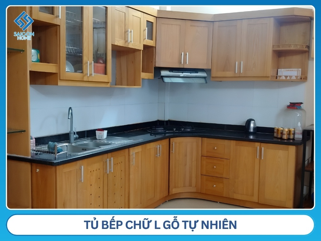 Tủ bếp chữ L gỗ tự nhiên