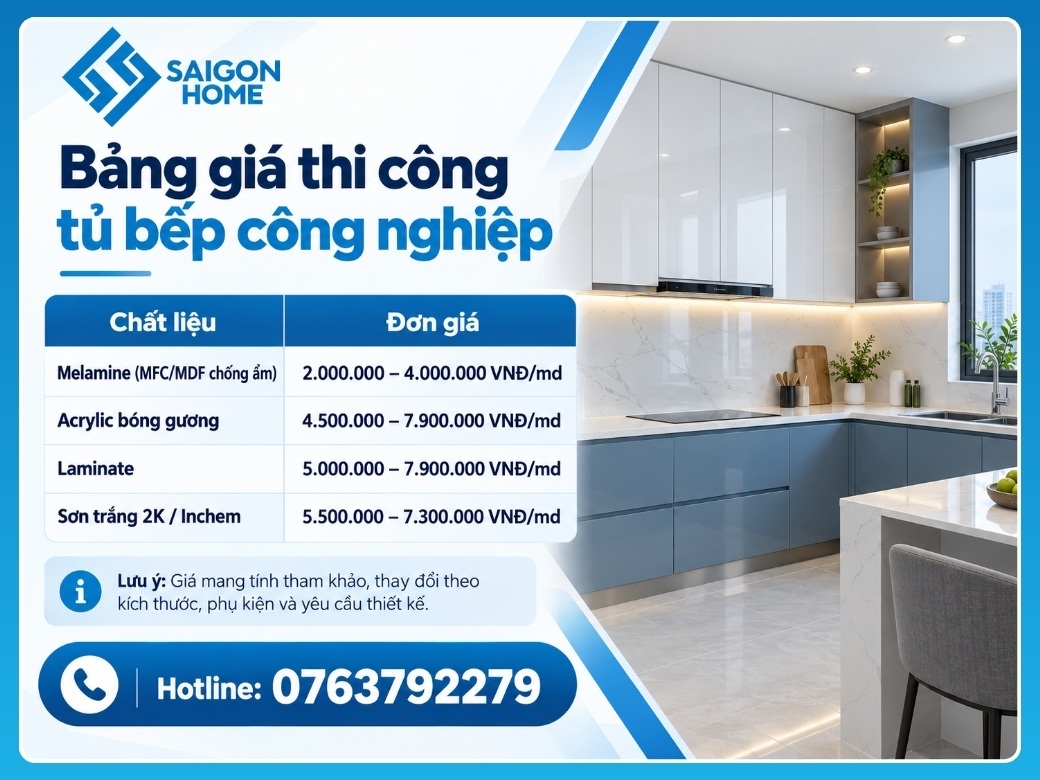 Bảng giá thi công tủ bếp công nghiệp mới nhất