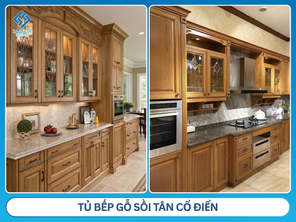 Tủ bếp gỗ sồi tân cổ điển
