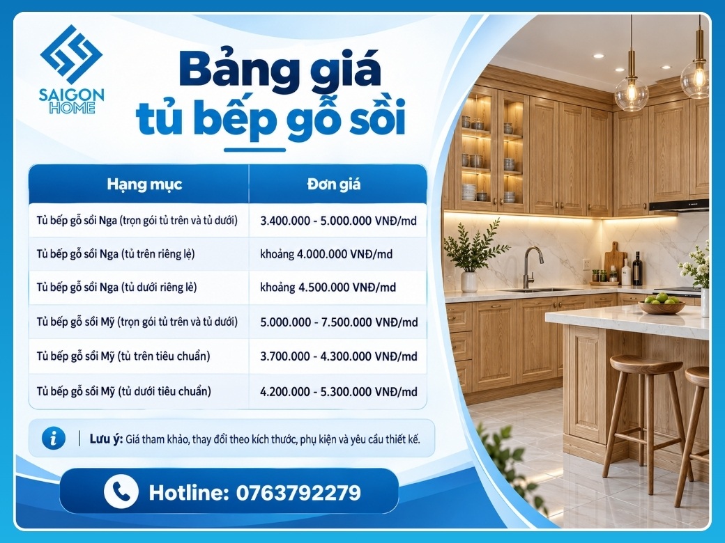 Bảng giá tủ bếp gỗ sồi mới nhất