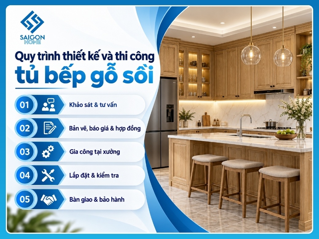 Quy trình 5 bước thiết kế và thi công tủ bếp gỗ sồi tại Nội Thất Sài Gòn Home