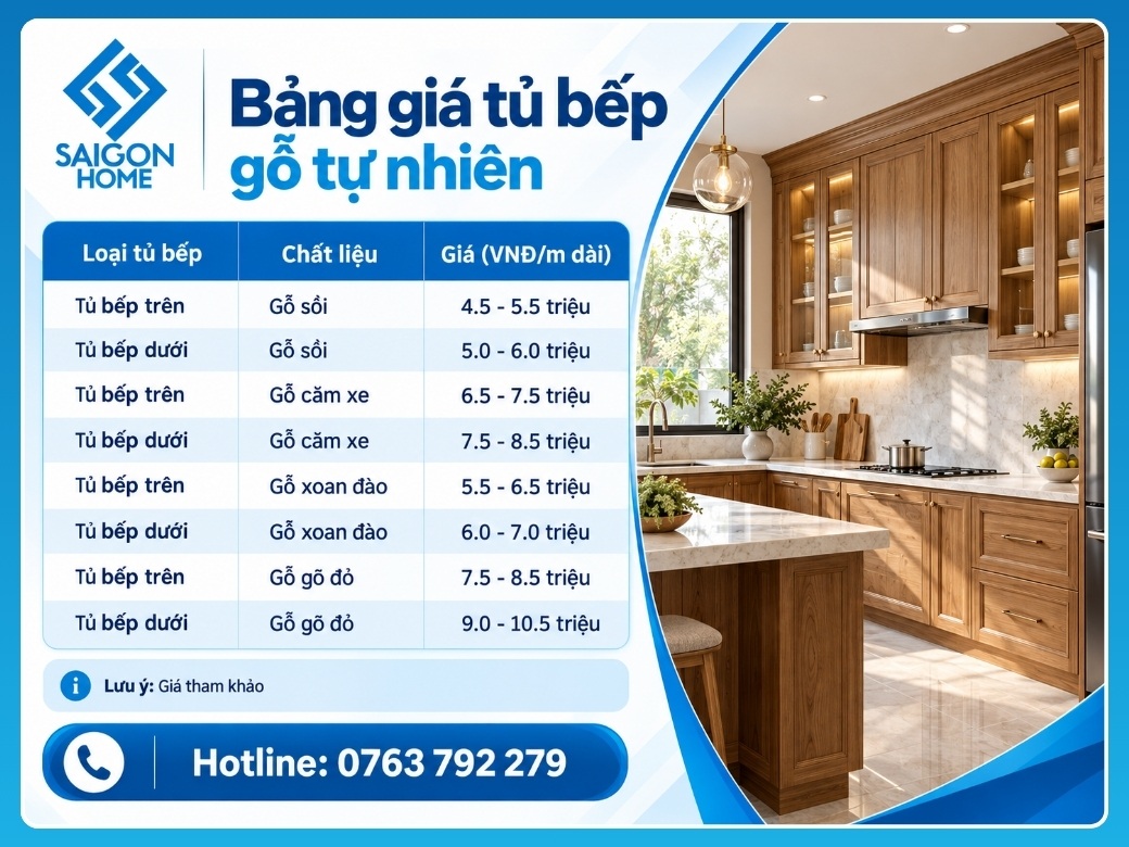 Bảng giá tủ bếp gỗ tự nhiên mới nhất
