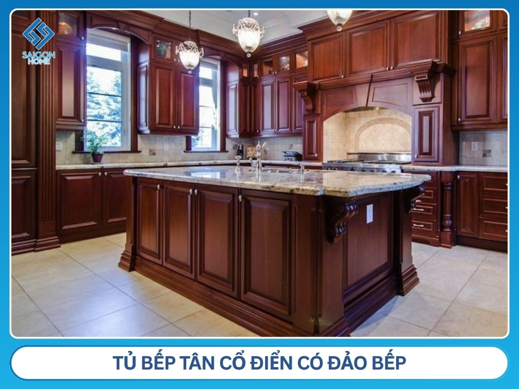Tủ bếp tân cổ điển có đảo bếp